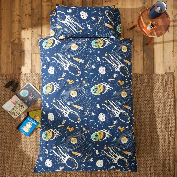 Double Duvet Cover Set Space Print - Navy, Cotton