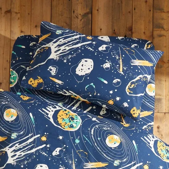 Double Duvet Cover Set Space Print - Navy, Cotton