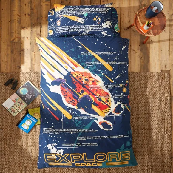 Double Duvet Cover Set Space Print - Navy, Cotton