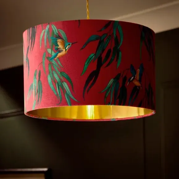 Drum Lamp Shade with Kingfisher Print - Magenta, Velvet