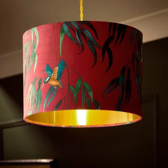 Drum Lamp Shade with Kingfisher Print - Magenta, Velvet