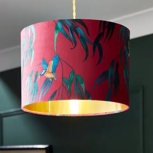 Drum Lamp Shade with Kingfisher Print - Magenta, Velvet image