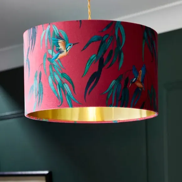 Drum Lamp Shade with Kingfisher Print - Magenta, Velvet