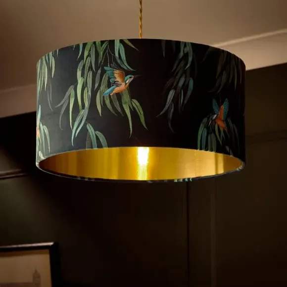 Drum Lamp Shade with Kingfisher Print - Teal, Velvet