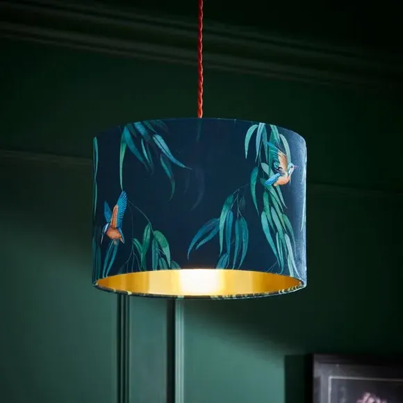 Drum Lamp Shade with Kingfisher Print - Teal, Velvet