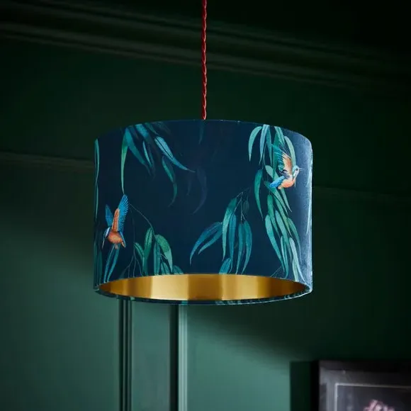 Drum Lamp Shade with Kingfisher Print - Teal, Velvet
