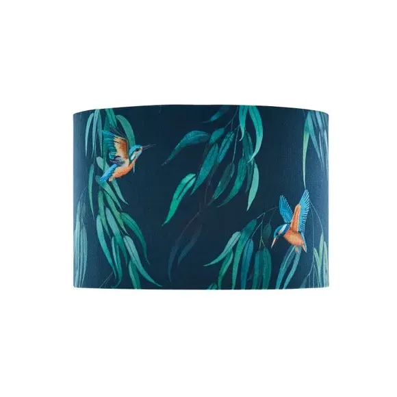 Drum Lamp Shade with Kingfisher Print - Teal, Velvet