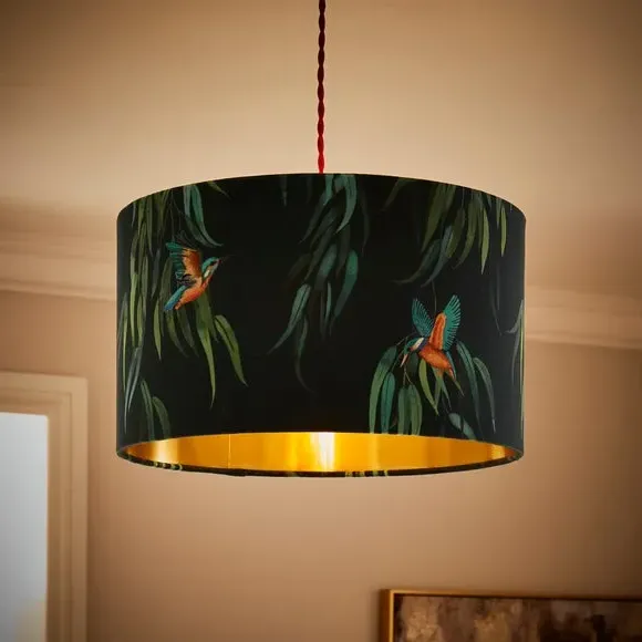 Drum Lamp Shade with Kingfisher Print - Teal, Velvet