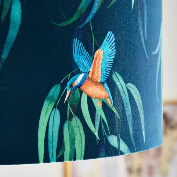 Drum Lamp Shade with Kingfisher Print - Teal, Velvet