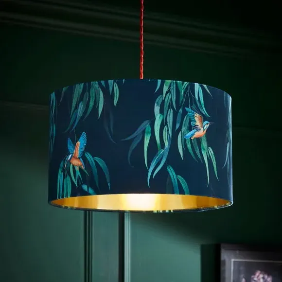 Drum Lamp Shade with Kingfisher Print - Teal, Velvet