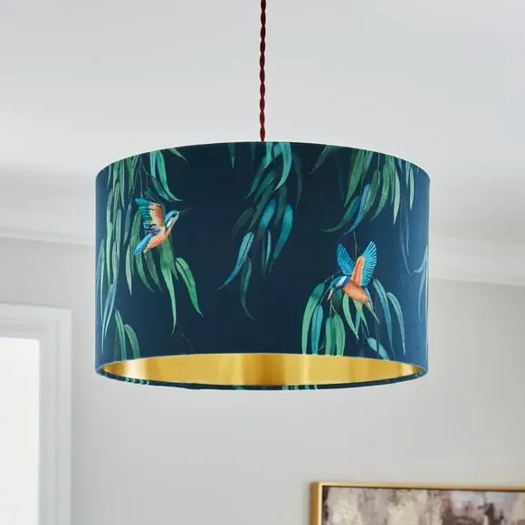 Drum Lamp Shade with Kingfisher Print - Teal, Velvet