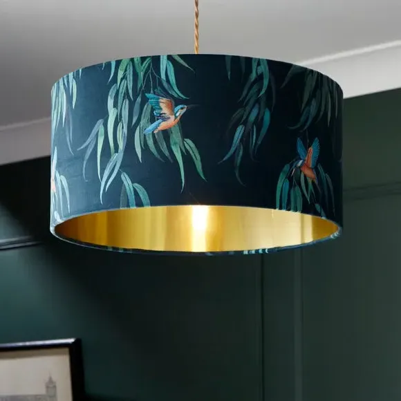 Drum Lamp Shade with Kingfisher Print - Teal, Velvet