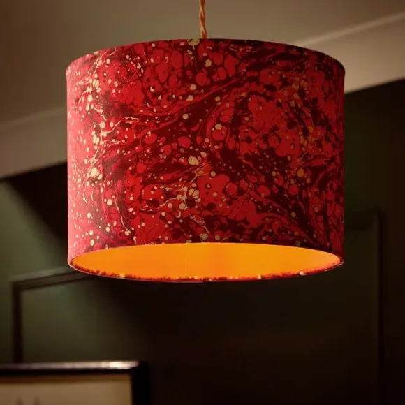 Drum Lamp Shade with Marble Design - Magenta, Velvet