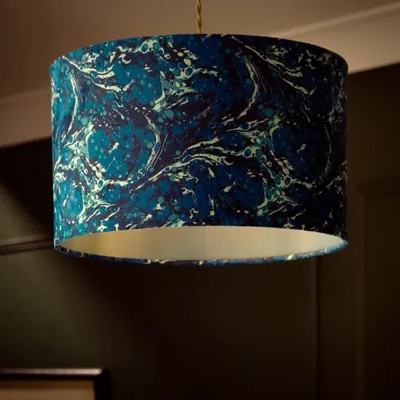 Drum Lamp Shade with Marble Design - Navy, Velvet
