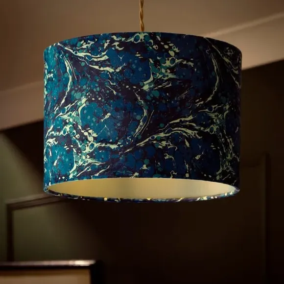 Drum Lamp Shade with Marble Design - Navy, Velvet