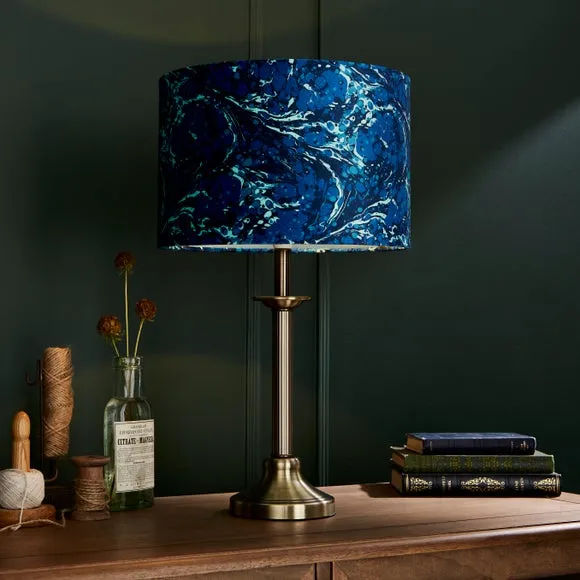 Drum Lamp Shade with Marble Design - Navy, Velvet