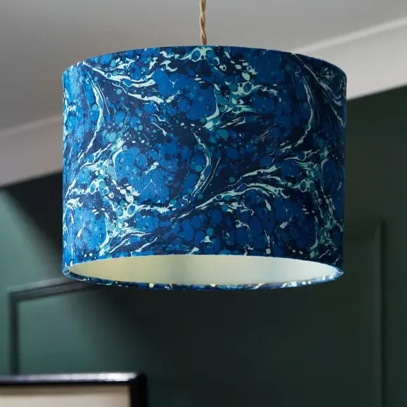 Drum Lamp Shade with Marble Design - Navy, Velvet