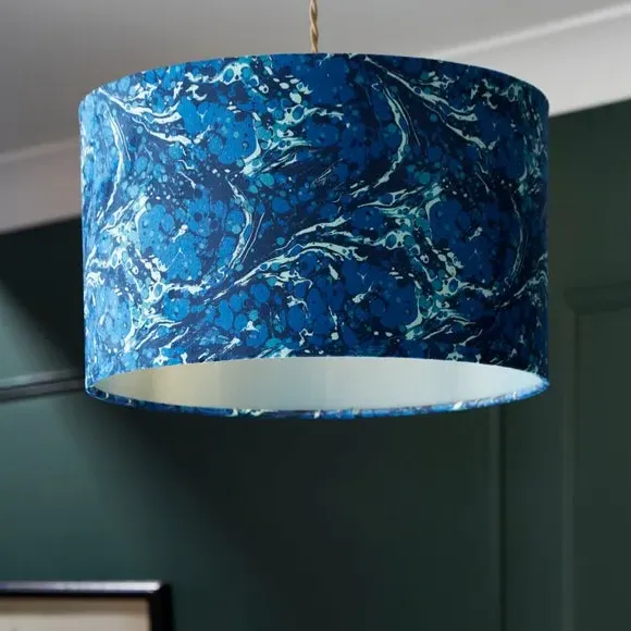 Drum Lamp Shade with Marble Design - Navy, Velvet