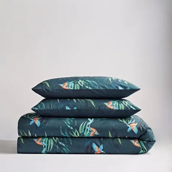 Duvet Cover Set with Kingfisher Print - Blue, Cotton