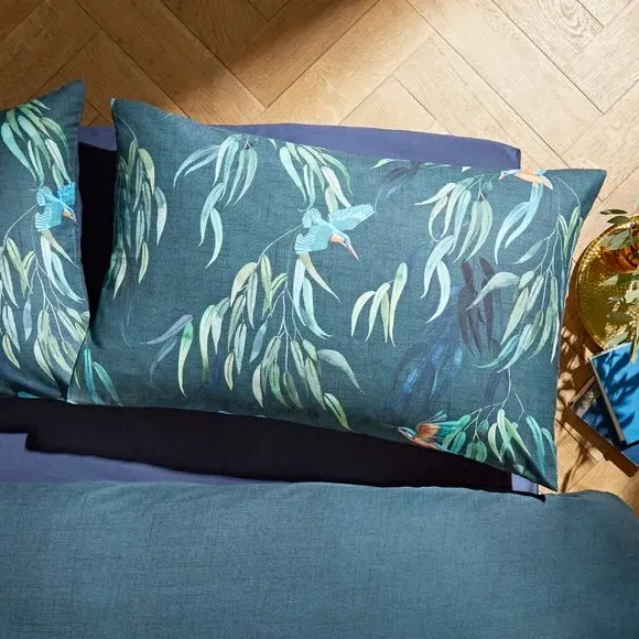 Duvet Cover Set with Kingfisher Print - Blue, Cotton