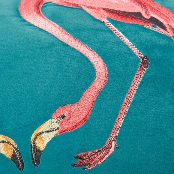 Embroidered Cushion with Flamingo Design - Teal