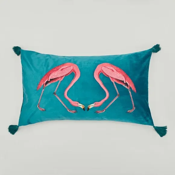 Embroidered Cushion with Flamingo Design - Teal