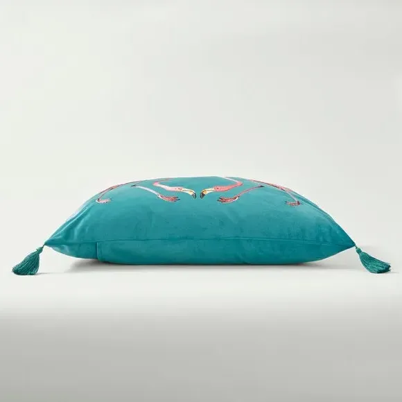 Embroidered Cushion with Flamingo Design - Teal