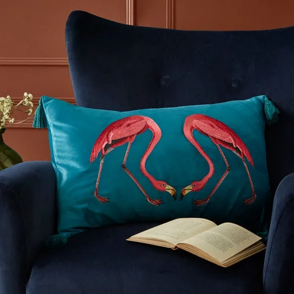 Embroidered Cushion with Flamingo Design - Teal image