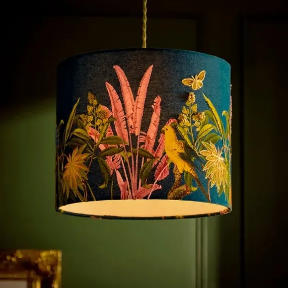 Embroidered Lamp Shade - Navy Blue, Fabric