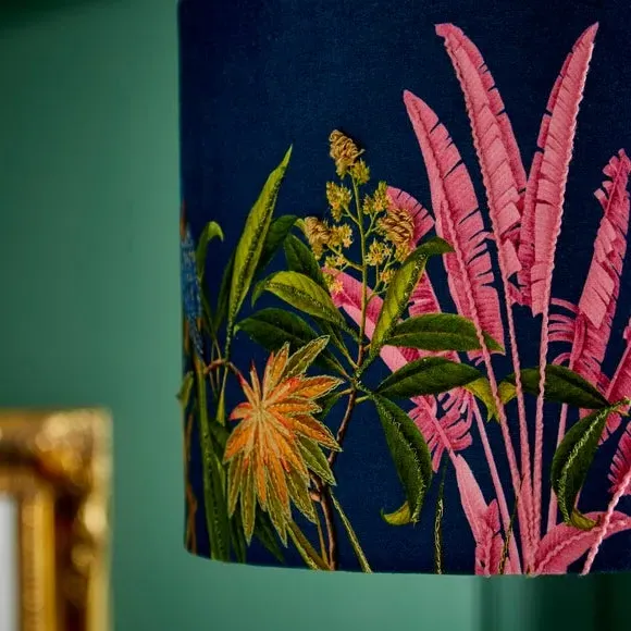 Embroidered Lamp Shade - Navy Blue, Fabric