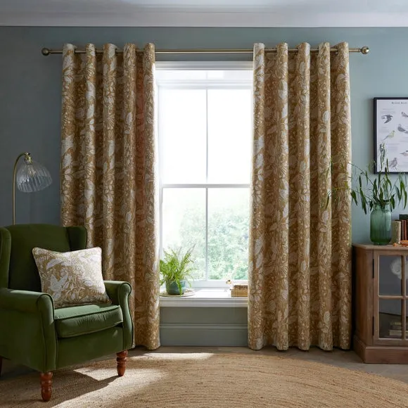 Eyelet Curtains with Bird Design - Ochre, Polyester