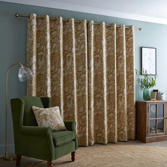 Eyelet Curtains with Bird Design - Ochre, Polyester
