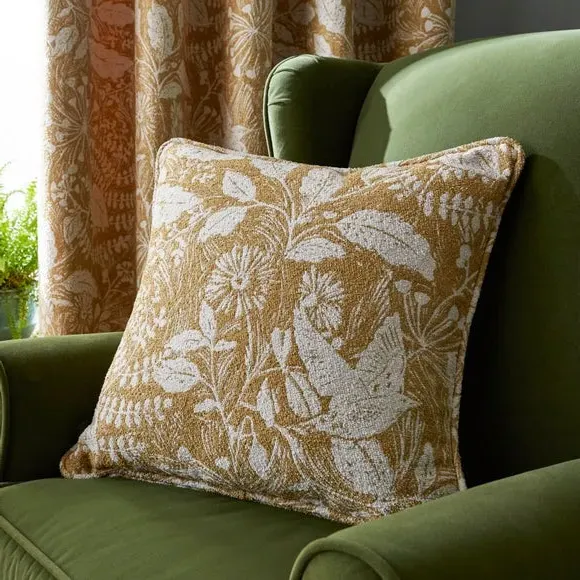 Eyelet Curtains with Bird Design - Ochre, Polyester