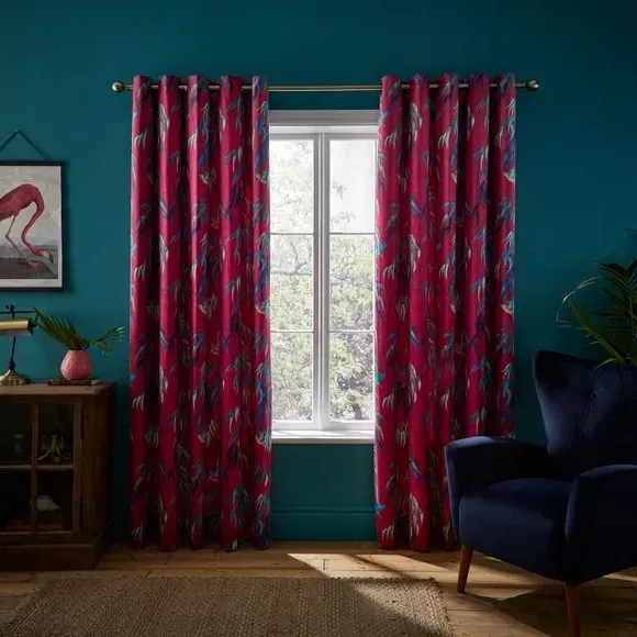 Eyelet Curtains with Kingfisher Print - Magenta