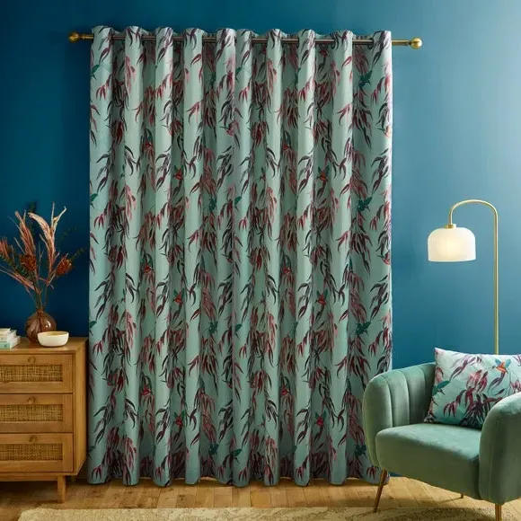 Eyelet Curtains with Kingfisher Print - Seafoam