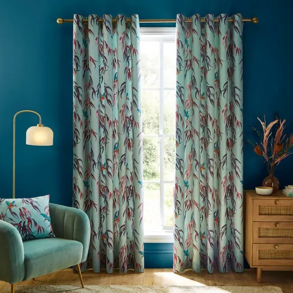 Eyelet Curtains with Kingfisher Print - Seafoam