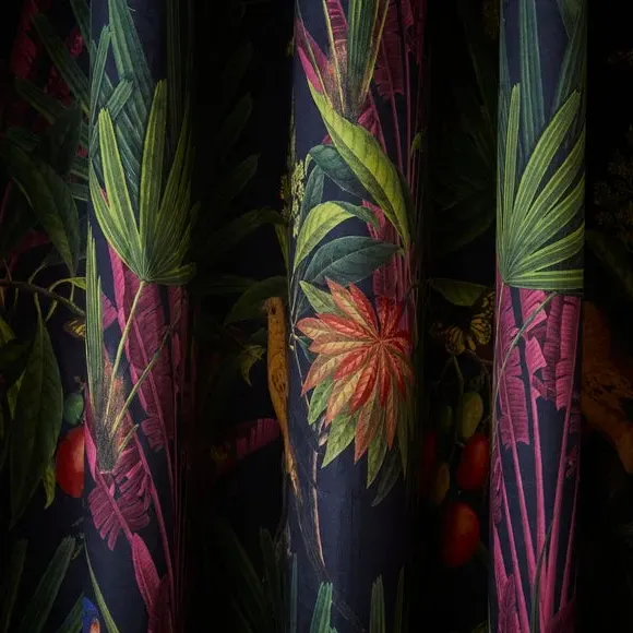 Eyelet Curtains with Tropical Print - Navy, Velour