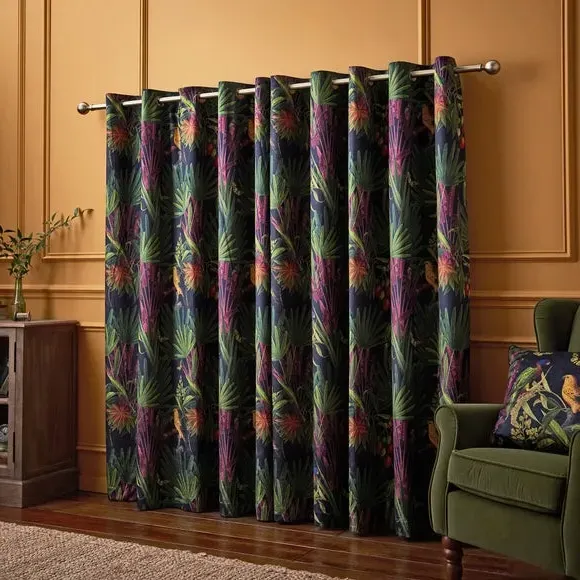 Eyelet Curtains with Tropical Print - Navy, Velour