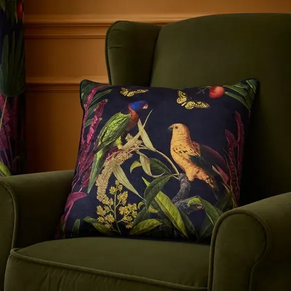 Eyelet Curtains with Tropical Print - Navy, Velour