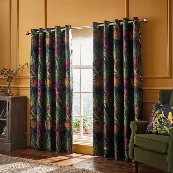 Eyelet Curtains with Tropical Print - Navy, Velour