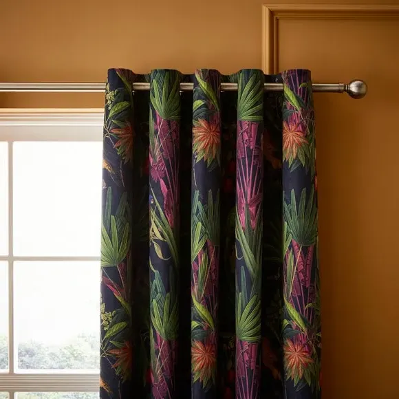 Eyelet Curtains with Tropical Print - Navy, Velour