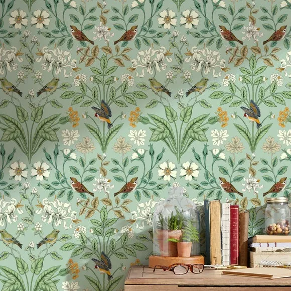 Garden Birds Matte Wallpaper - Sage