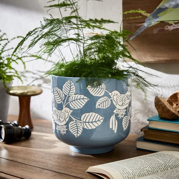 House Sparrow Plant Pot - Blue, Ceramic