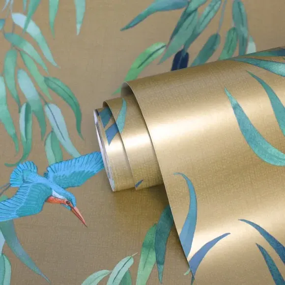 Kingfisher Wallpaper with Smooth Finish - Gold