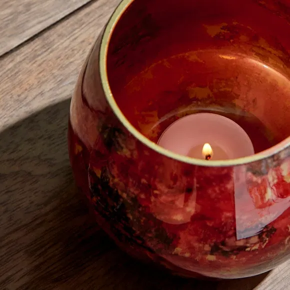 Marble Effect Tealight Holder - Red, Glass