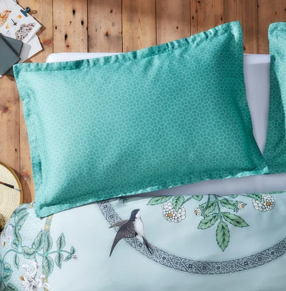 Oxford Pillowcase Garden Birds - Sage, Cotton