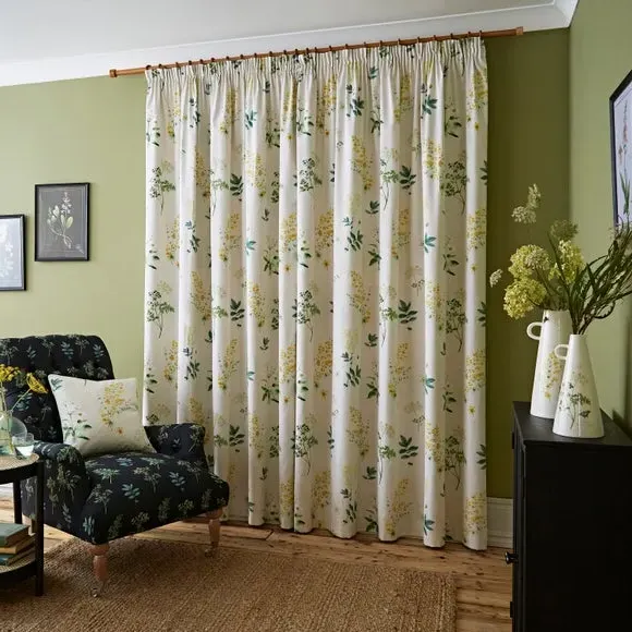 Pencil Pleat Curtains Botanical Print - Ochre