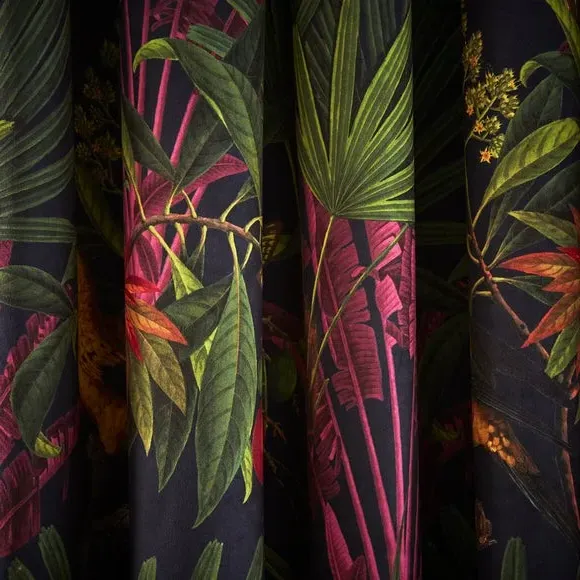 Pencil Pleat Curtains with Tropical Print - Navy