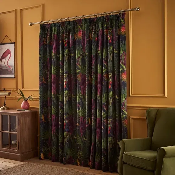 Pencil Pleat Curtains with Tropical Print - Navy