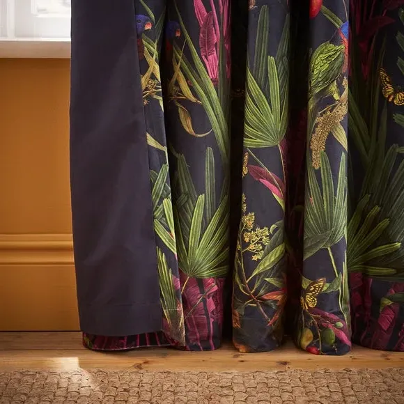 Pencil Pleat Curtains with Tropical Print - Navy